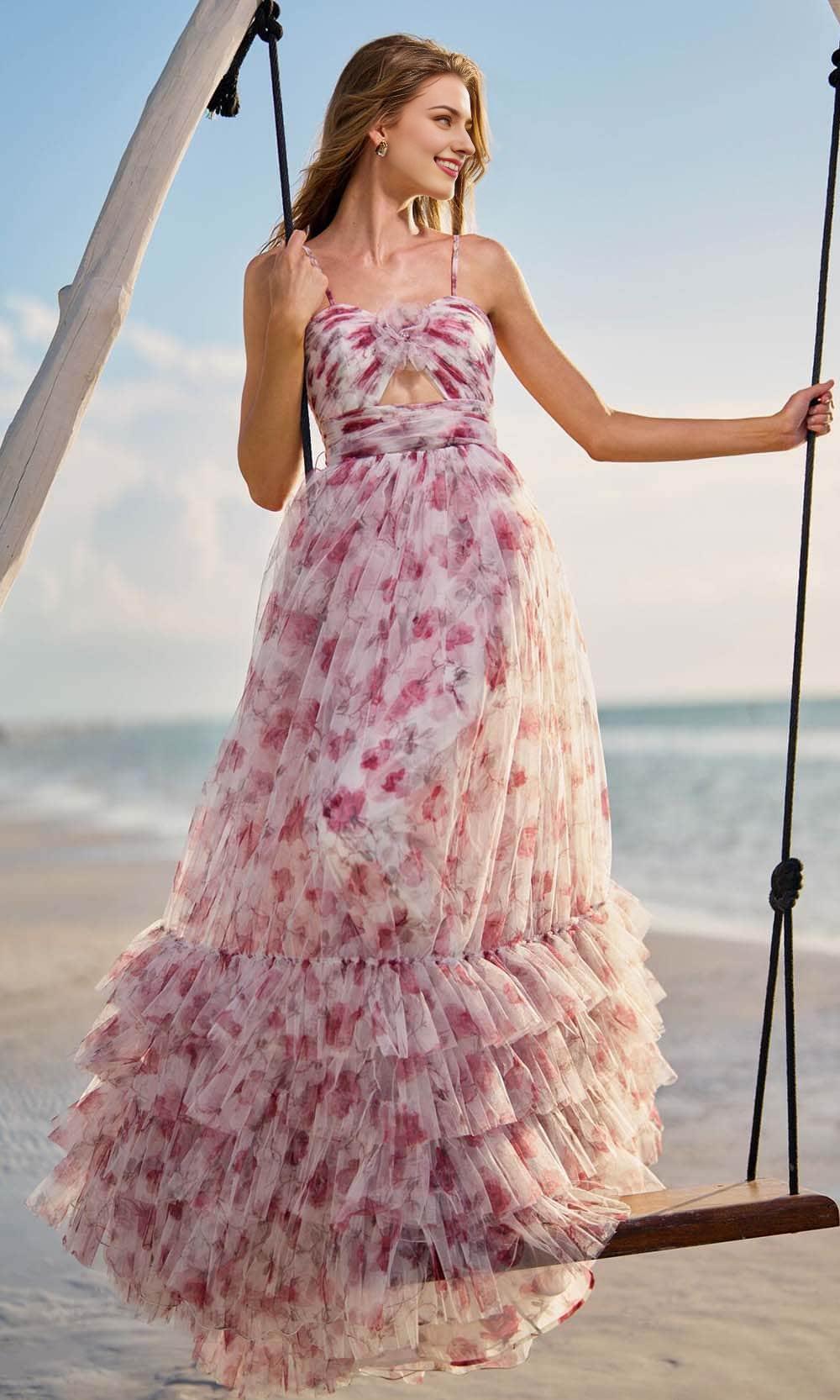 Vestido de fiesta sin mangas, corte A, tirantes finos, espalda abierta, escote corazón, fruncido y capas / Vestido de fiesta en tienda